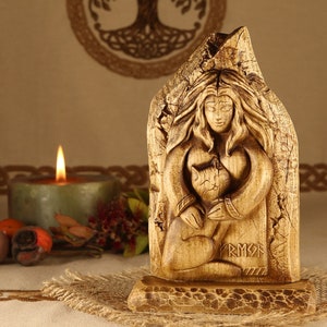 Freya statue , Norse pagan decor, Goddess statue altar, Freyja Wood sculpture art