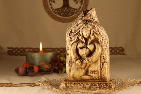 Freya statue , Norse pagan decor, Goddess statue altar, Freyja Wood sculpture art