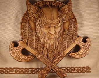 Odin Viking Shield Wood Carving: Ash Tree Wall Decor