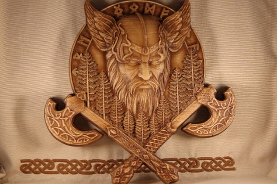 Odin Viking Shield Wood Carving: Ash Tree Wall Decor