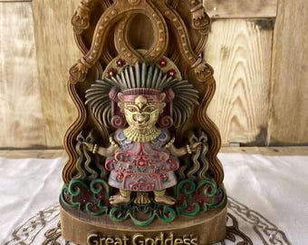 Great Goddess Wooden Statue – Carved Mythical Aztec Style Sculpture, Spiritual Home Decor, Fantasy Folk Art Figure