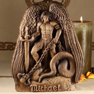 Archangel Michael statue, Saint michael, Saint michael archangel statue, Religious statues Carved wood statue St michael icon Angel statue
