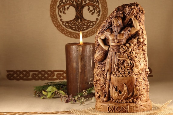 Dagda Wood sculpture art, Carved wood statue, Norse pagan Wiccan decor
