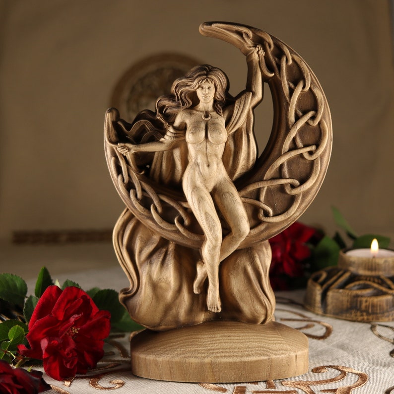 Moon goddess Aradia Triple Moon goddess statue Celtic witchcraft Selene moon goddess Celtic goddess for Wicca Wood carving Wood statue Pagan image 2