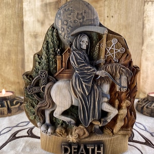 Totenstatue Totenfigur Sensenmann Statue Azteken Santa muerte Altar Okkulte Dekoration Heiliger Tod Wicca Santa muerte Kunst Hexerei Holz geschnitzt