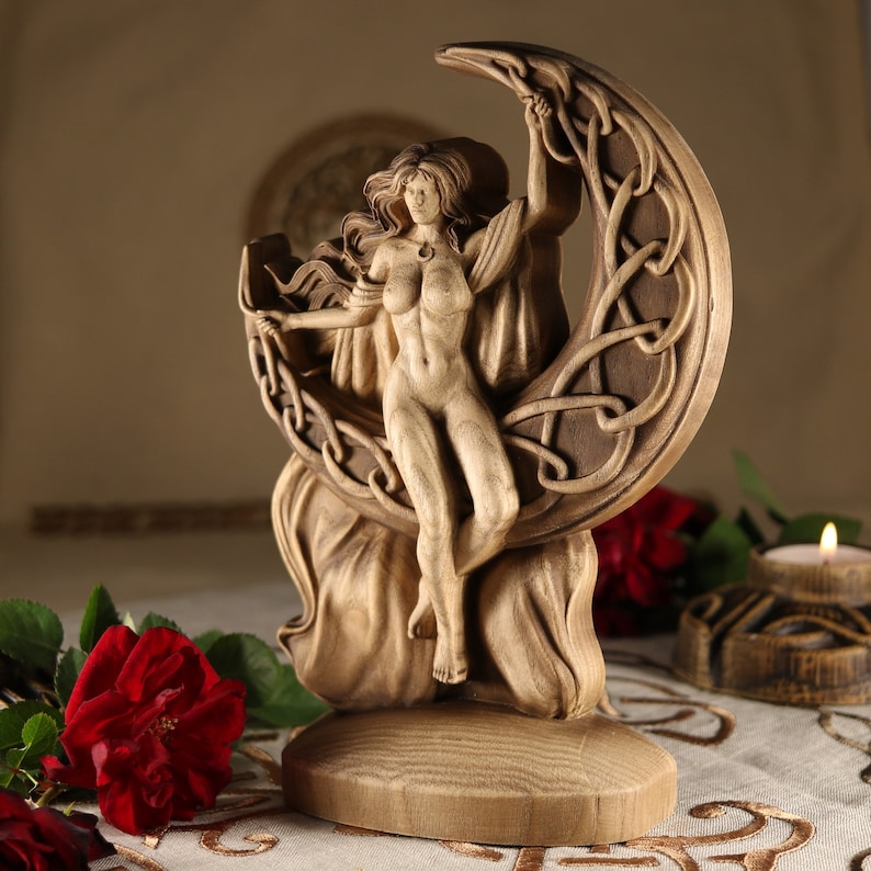 Moon goddess Aradia Triple Moon goddess statue Celtic witchcraft Selene moon goddess Celtic goddess for Wicca Wood carving Wood statue Pagan image 3