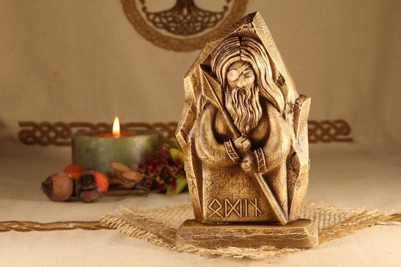 Odin Statue: Ash Wood Carving, Norse Pagan Decor