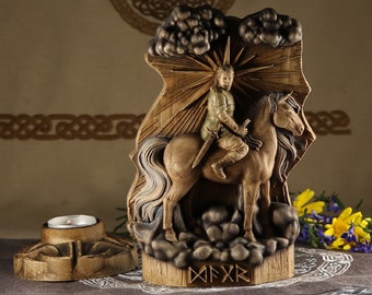 Ash Wood Carving: Norse God Dagr Statue, Viking Pagan Altar Decor