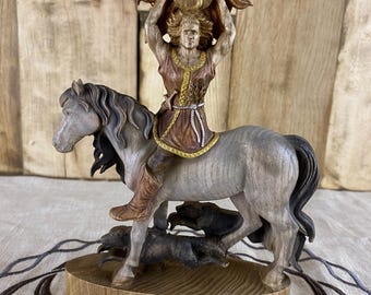 Yarilo Statue: Slavic Pagan Sun God on Horse Wood Carved Mythology Deity