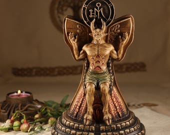 モロク像、オカルト悪魔祭壇装飾木彫り彫刻サタンルシファー印章