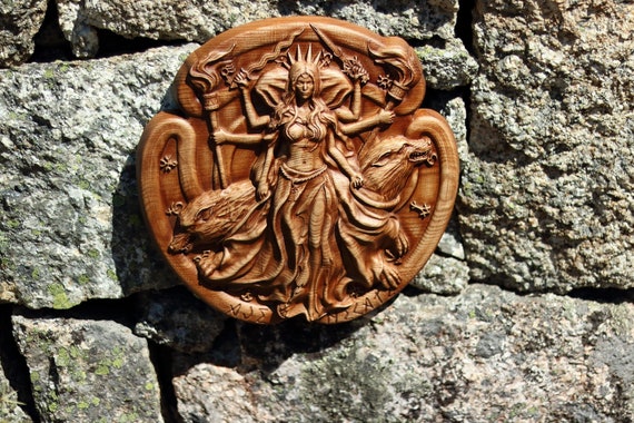 Hekate Goddess Greek Mythology Art, Wood Carving Panel Picture