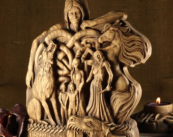 Loki Family Wood Carving Statue, Norse Pagan Gods Woodcarving