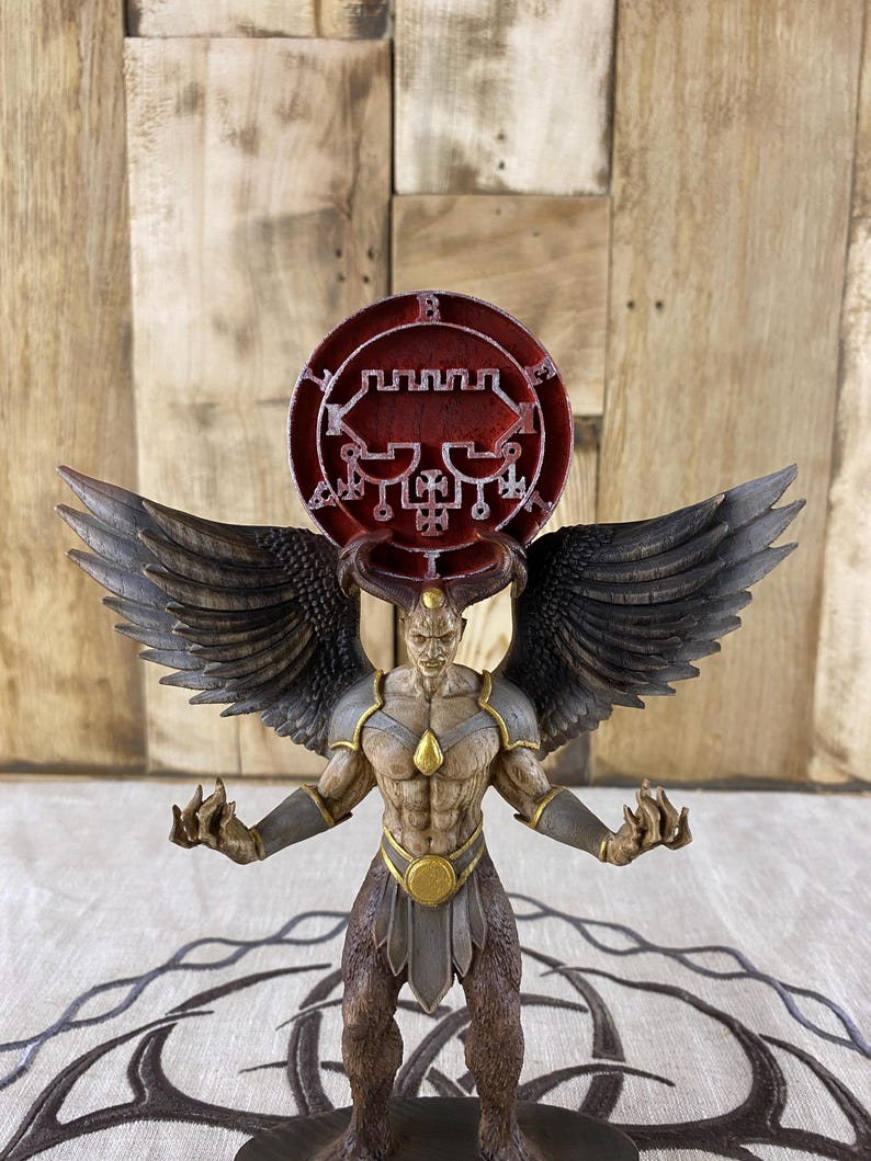 Belial Demon Statue, Winged Wooden Sculpture, Ars Goetia Sigil, Occult ...