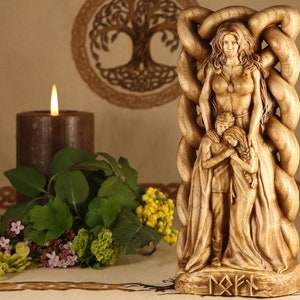 Lofn goddess statue, Wood carved, Wooden statue for Scandinavian, Norse pagan altar decor