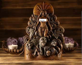 The Morrígan Wooden Colored Statue with Wolves