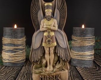 Hand Carved Marduk God Statue: Babylonian Wood Sculpture