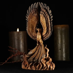 Hand Carved Ash Wood Phoenix Statue: Greek Mythology Decor