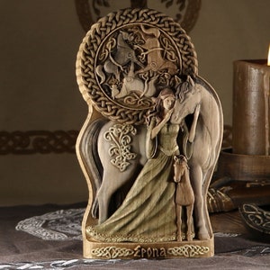 Epona Statue: Celtic Goddess with Horse, Wooden Pagan Decor