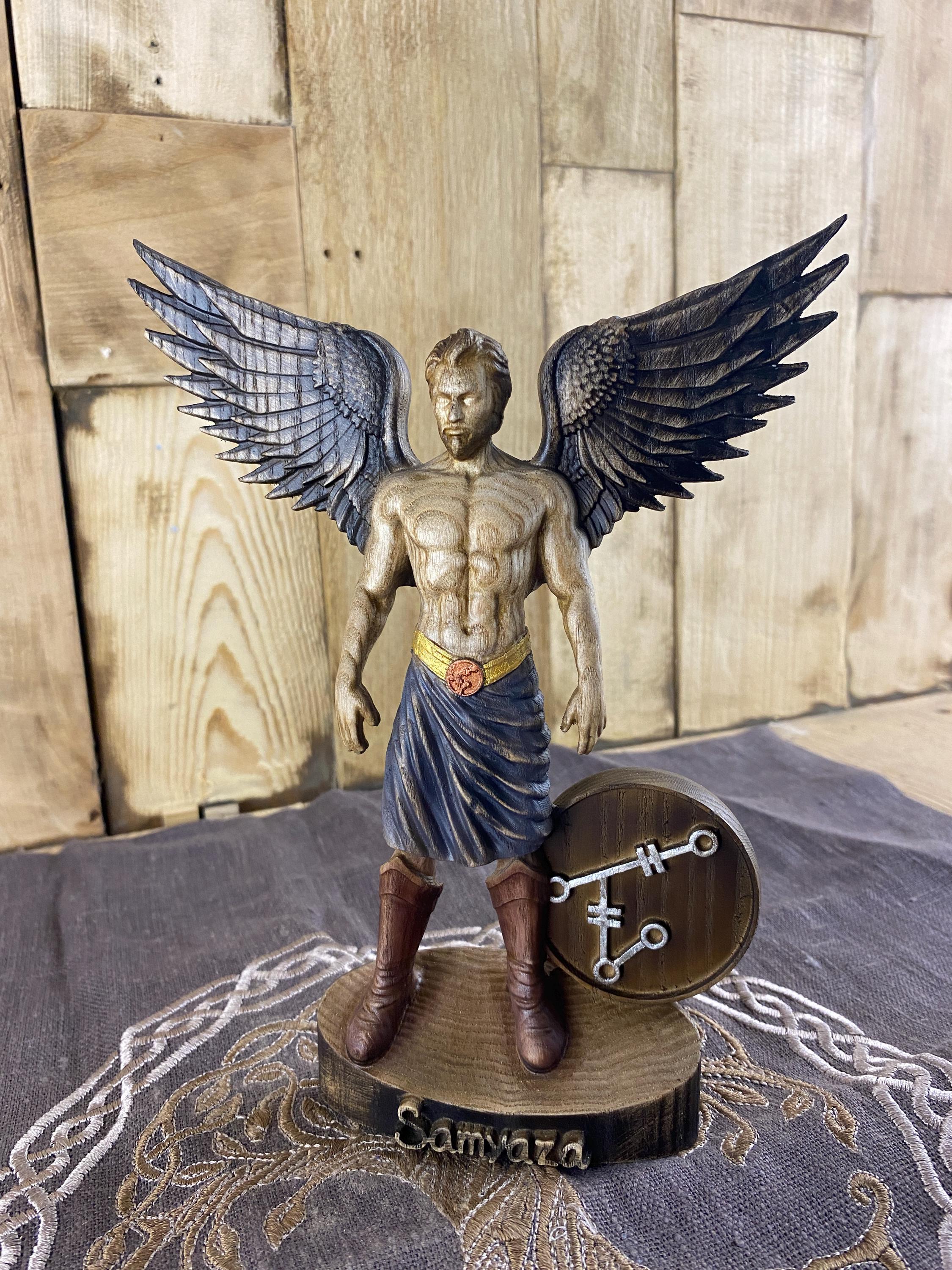 Samyaza Wooden Statue: Fallen Angel Religious Sigil Guardian Angel