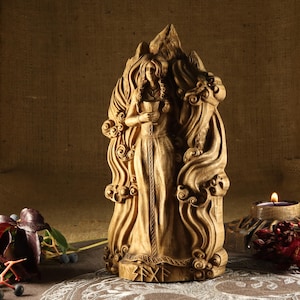 Saga statue, Wooden goddess statue, Asatru altar Wood sculpture Figurine Wood carving  Pagan decor Viking decor Nordic Norse mythology Freya