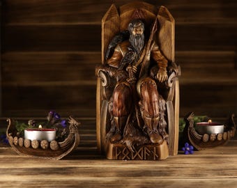 Hand Carved Wooden Odin Statue with Ravens, Norse Mythology Figurine, Viking Decor