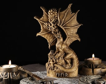 Fafnir Viking Dragon Wood Carving: Norse Mythology Altar Decor