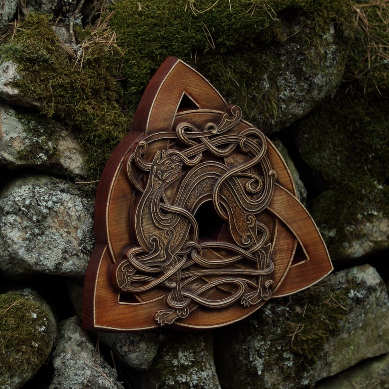 Celtic сat Celtic knot wood carving Trinity wall hanging Etsy