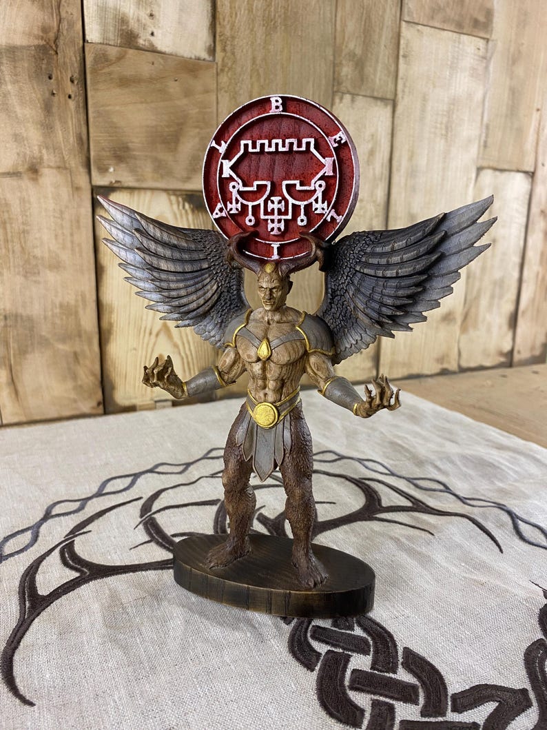 Belial Demon Statue, Winged Wooden Sculpture, Ars Goetia Sigil, Occult ...