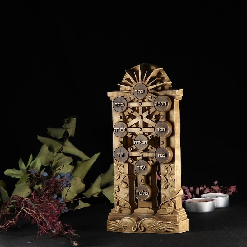 May include: A wooden carving of the Tree of Life, a Kabbalistic symbol, with Hebrew letters and a sunburst design. The carving is on a dark background with a few candles.