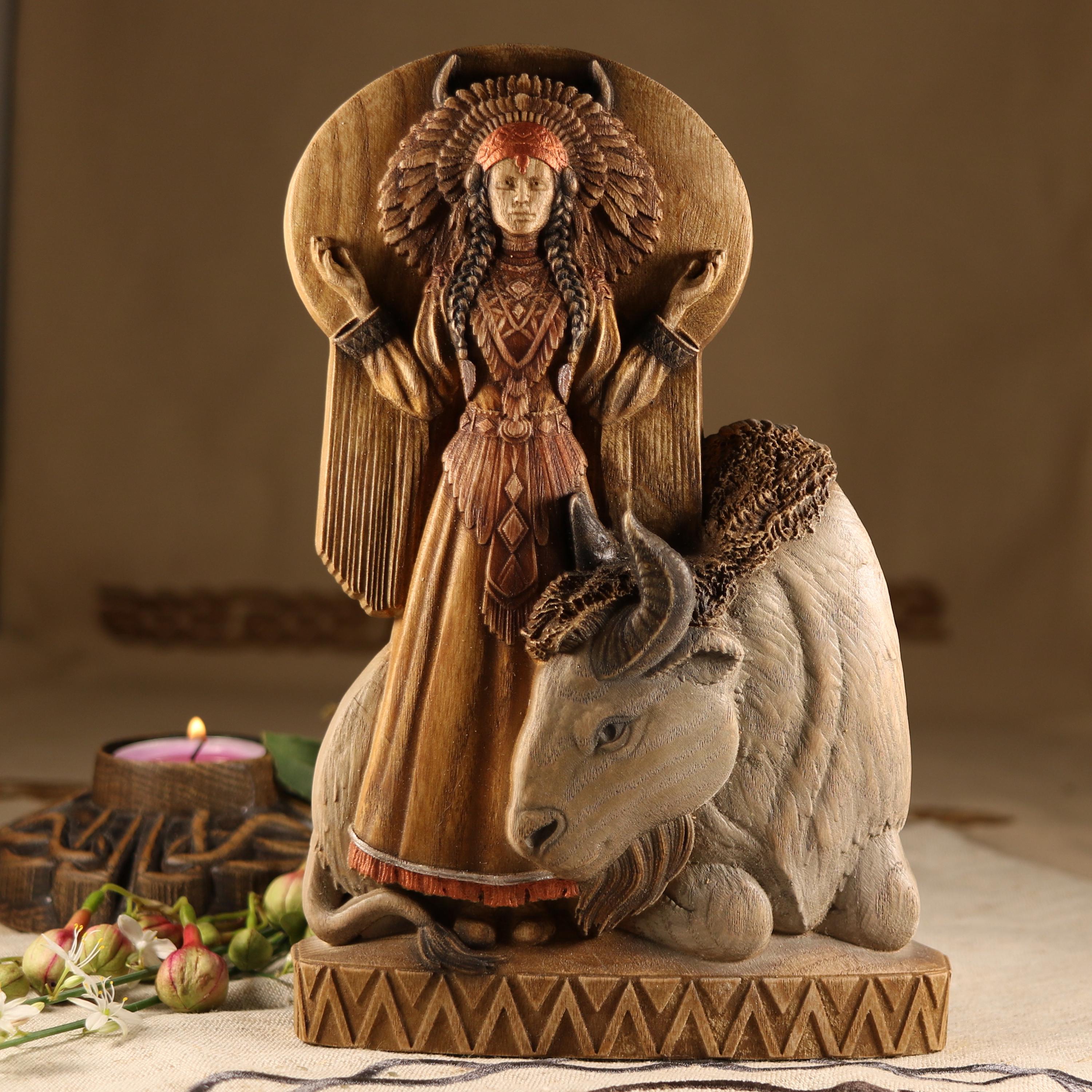 Hand Carved White Buffalo Maiden Statue: Native American Wood