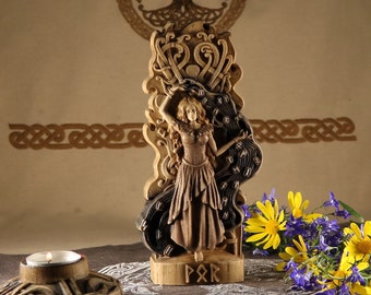 Vör Wooden Goddess Statue: Norse Mythology Altar Decor