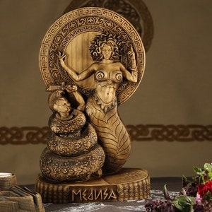 Handmade Medusa Statue: Carved Wooden Greek Goddess Art