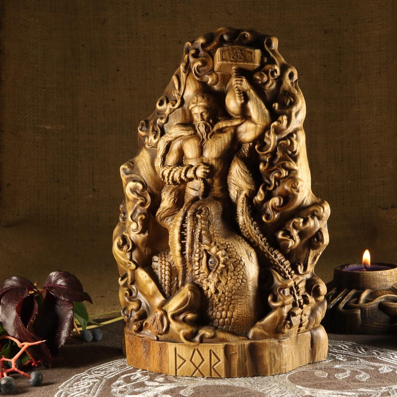 Thor's Goats Rune Thor Statue: Norse God Wood Carving, Asatru Altar Decor - Etsy