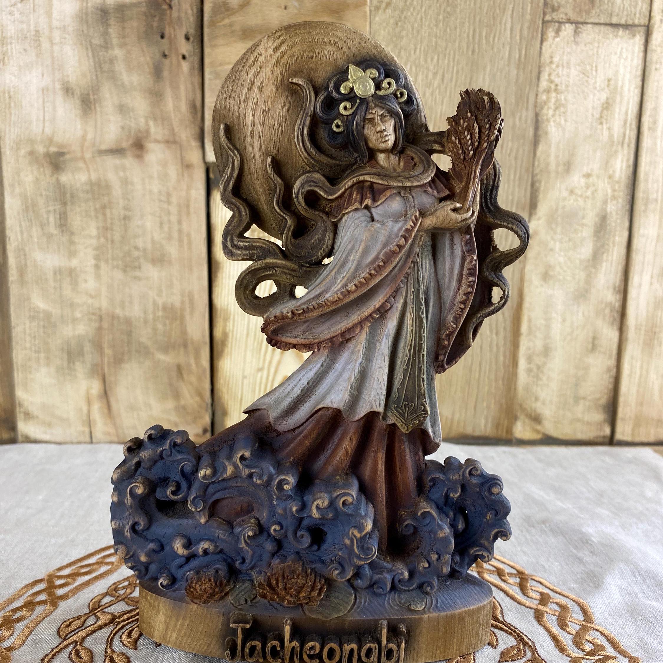 Jacheongbi Statue: Korean Goddess of Abundance, Hand-carved Wood