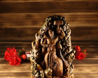 Colorful Thor Wooden Statue with Hammer & Dragon Head – Norse Mythology Decor – Viking God Figurine – Fantasy Altar Sculpture