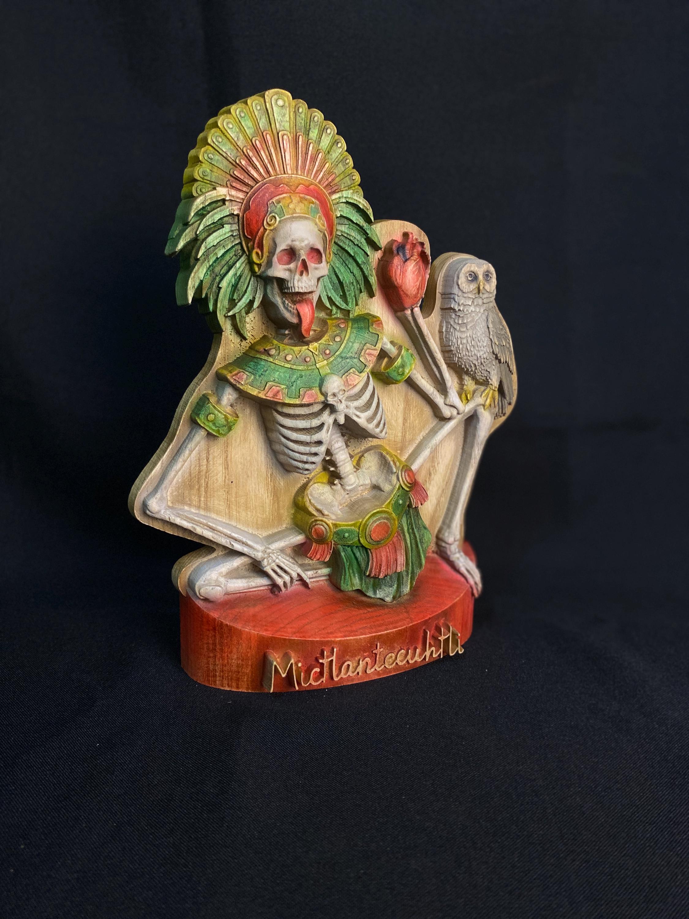 Mictlantecuhtli Wood Сarving Statue: Aztec Death God With Owl