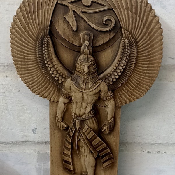 Carved Wood Horus Statue: Egyptian God Ra Decor