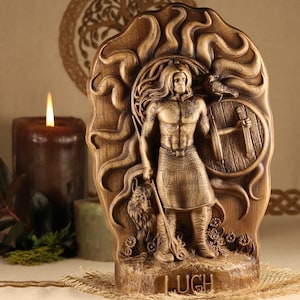 Lugh, Celtic god, Wood sculpture art Wooden statuettes, Carved wood statue