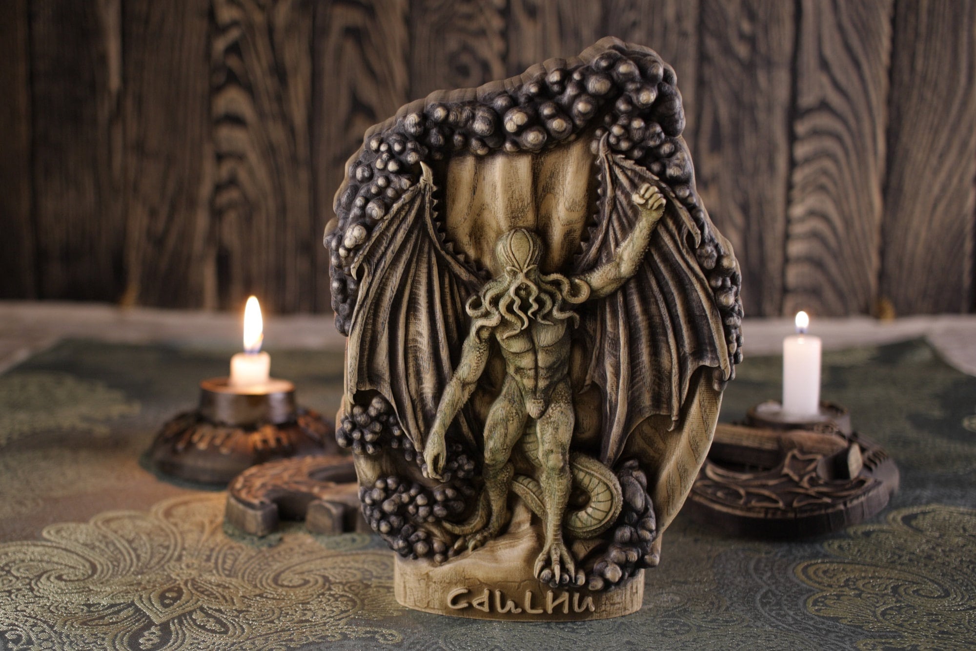 Ídolo de Cthulhu Estatua de Cthulhu Figura de Cthulhu Escultura de pulpo Lovecraft Miskatonic Arte oscuro Tallado en madera Estatua de madera Orden esotérica de dagón