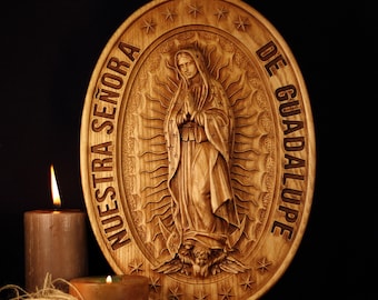 Sculpture sur bois de frêne Virgen de Guadalupe : oeuvre d'art murale catholique