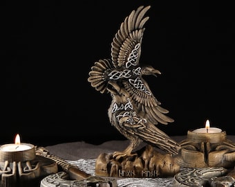 Huginn and Muninn Raven Sculpture: Viking Wood Carving, Norse Pagan Decor