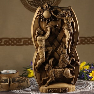 Hati and Skoll Wood Carving: Norse Gods Sculpture