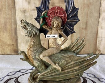 Astaroth demon statue Goetia sigil Satan Witchcraft Wood carving Occult decor Altar art