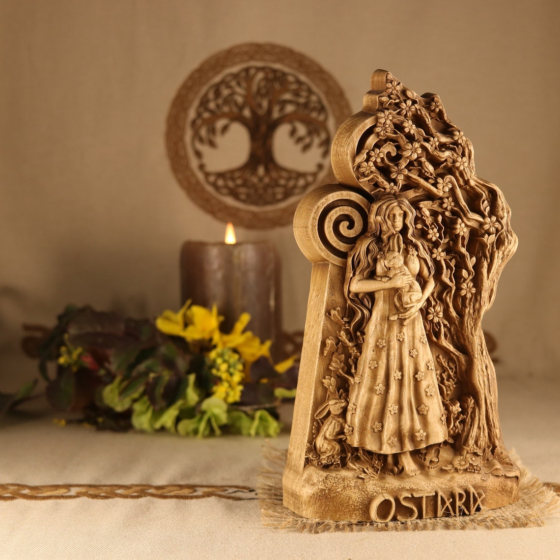 Ostara wood sculpture Easter decor Goddess statue altar Etsy