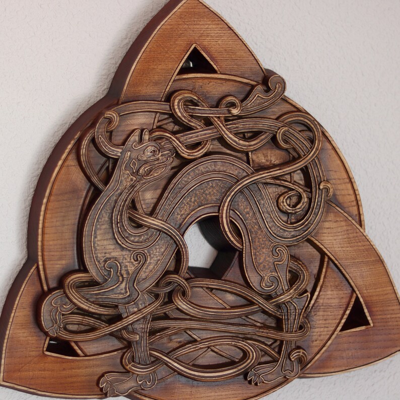 Celtic сat Celtic knot wood carving Trinity wall hanging Etsy