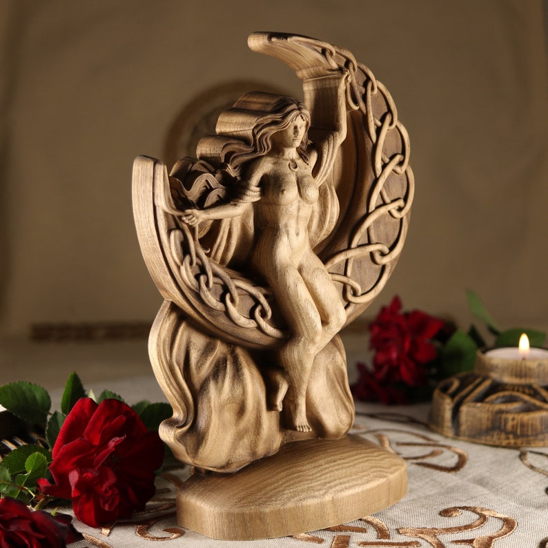 Moon goddess Aradia Triple Moon goddess statue Celtic witchcraft Selene moon goddess Celtic goddess for Wicca Wood carving Wood statue Pagan image 5