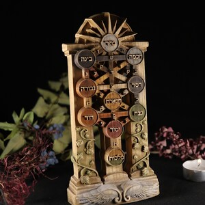 May include: A wooden Tree of Life sculpture with Hebrew text, featuring a central trunk with branches extending to ten circular leaves, each with a different Hebrew word. The sculpture is carved with intricate details, including a sunburst at the top and wings at the base.
