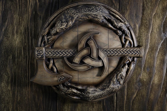 Wood Viking Shield: Geri and Freki, Odin Decor