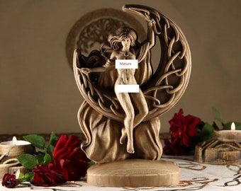 May include: A wooden sculpture of a woman standing on a crescent moon. The sculpture is carved in detail and has a natural wood finish. The woman is wearing a flowing robe and has long hair. The sculpture is surrounded by red roses and candles.