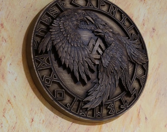 Wooden Viking Raven Shield: Odin Hugin Munin Wall Art